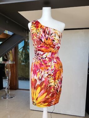 David Meister Pink Fuchsia Floral One Shoulder Dress (Size 2)